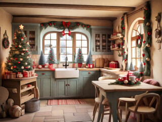 Fototapeta na wymiar Cozy rustic retro kitchen with Christmas decor, utensils. Merry Christmas and Happy New Year greeting card, home warmth