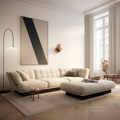 living room. Minimal styling, neutral colors, scandinavian style.