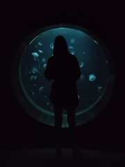 Silhouette of a woman standing and watching a beautiful jelly fish (medusa) floating in dark water with a dark background in blue tones 