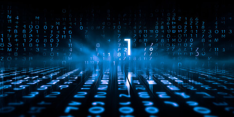 Blue futuristic technology background with binary code. Number one - obrazy, fototapety, plakaty