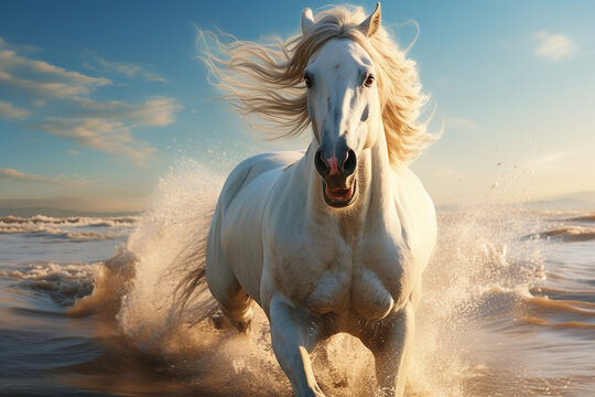 A beautiful white wild horse with very Long hair running in a soft white sand beach by a deep blue, and aquamarine calmed ocean at sunrise. The colorful sun rays reflecting magicaly an making bright f