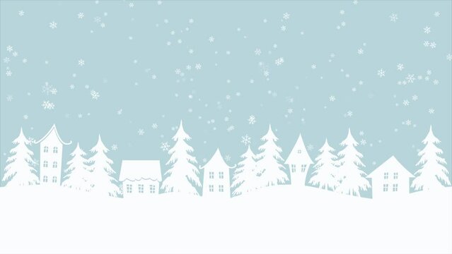 Christmas animation. Winter village. Fairy tale winter landscape. White houses and fir trees under snowfall on blue background.