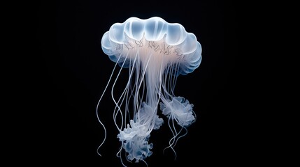  a close up of a jellyfish on a black background with only one jellyfish in it's body.  generative ai