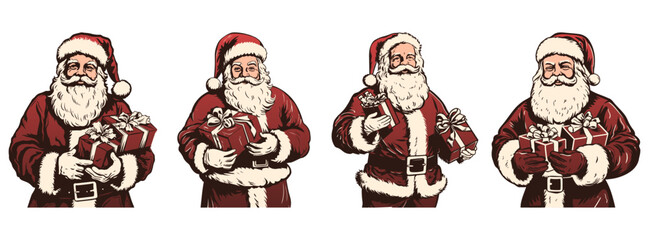 Santa Claus holding a gift. Happy Santa with the present box. Christmas gift from Santa Claus. Retro Vintage Santa Claus clipart. Transparent PNG. Vector illustration isolated on white