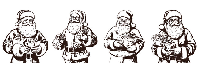 Santa Claus holding a gift. Happy Santa with the present box. Christmas gift from Santa Claus. Retro Vintage Santa Claus clipart. Transparent PNG. Vector illustration isolated on white