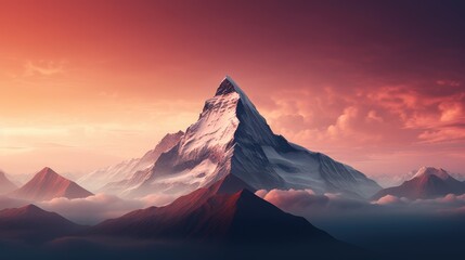  a very tall mountain in the middle of the sky with a red sky in the back ground and clouds in the foreground.  generative ai