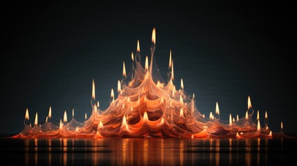  a large group of orange flames on a black background with a reflection of the flames on the water in the foreground.  generative ai - obrazy, fototapety, plakaty