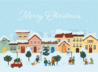 クリスマスの町の様子　クリスマスカード　バナー　パッケージ　冊子　イラスト