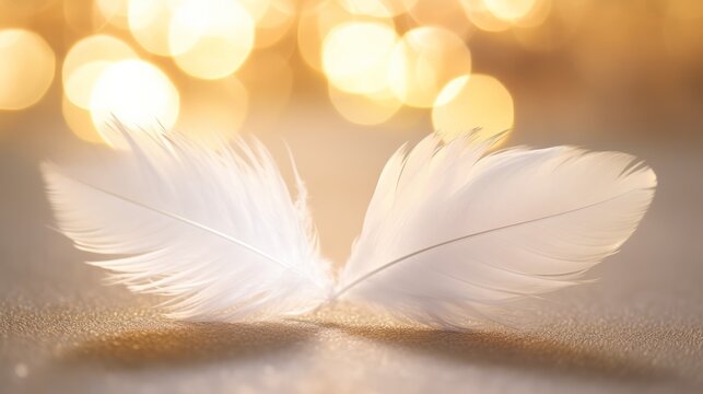 Fototapeta White feather with gold glitter on defocused background with light beam and sparks and confetti. Vector design with realistic golden colored bird or angel quill, soft fluffy plume flying in sun ray