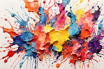Abstract colorful paint splashes on a white background, close-up