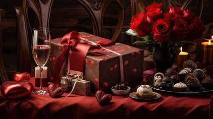 Fototapeta na wymiar a table topped with a box of chocolates next to a glass of wine and a vase filled with roses. generative ai