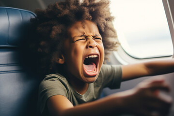 Young African American boy crying loudly in a car seat. - obrazy, fototapety, plakaty