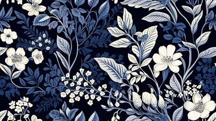 Fotobehang  a blue and white floral pattern with leaves and flowers on a dark blue background with white flowers and leaves on a dark blue background. © Anna