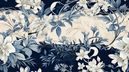  a blue and white floral wallpaper with white and blue flowers on a dark blue background with a white border. 