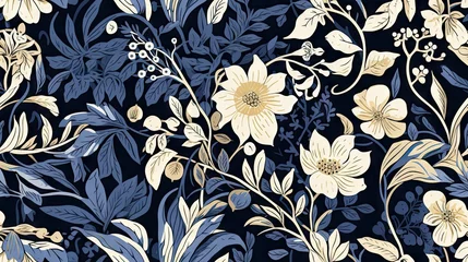 Badezimmer Foto Rückwand  a blue and yellow floral wallpaper with leaves and flowers on a dark blue background with white and yellow flowers.  © Anna