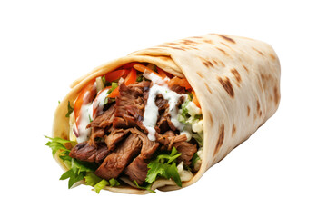 Shawarma wrap, doner kebab pita bread, street food isolated on white transparent background. PNG