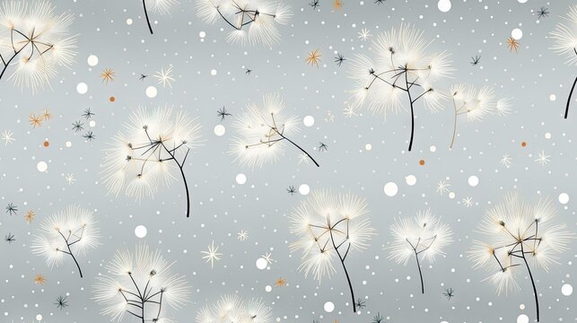  a close up of a dandelion on a gray background with white and gold snowflakes on it.  