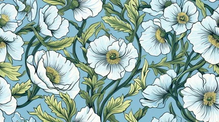 Türaufkleber  a blue and white flower pattern with green leaves and flowers in the middle of the image, on a light blue background.  generative ai © Anna