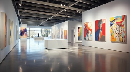 art gallery with paintings and artwork in the background indoors space - obrazy, fototapety, plakaty