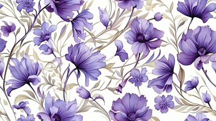  a pattern of purple flowers and leaves on a white background with a blue flower on the left side of the image.  generative ai