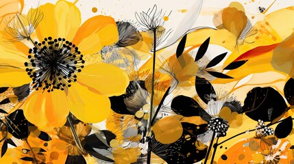  a painting of yellow and black flowers on a white and yellow background with lots of black and white flowers in the center.  generative ai