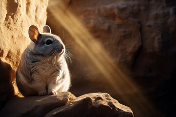 Cute chinchilla sits on rock landscape. Rodent food product advertising.