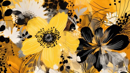  a painting of yellow and black flowers on a white and yellow background with black and white dots on the bottom half of the image.  generative ai - obrazy, fototapety, plakaty