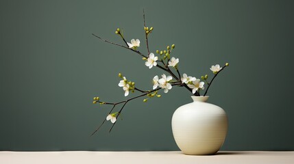  a white vase filled with white flowers sitting on top of a table next to a green wall and a green wall.  generative ai - obrazy, fototapety, plakaty