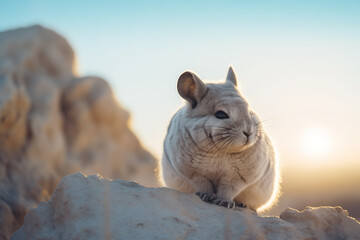 Cute chinchilla sits on rock landscape. Rodent food product advertising.