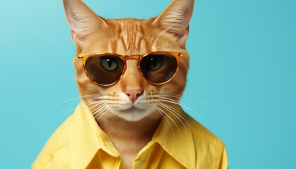Funky cat in colorful clothes and sunglasses dancing on bright background, travel concept