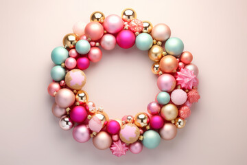 Obraz premium A chic Christmas wreath made of pastel colored baubles. Generative AI