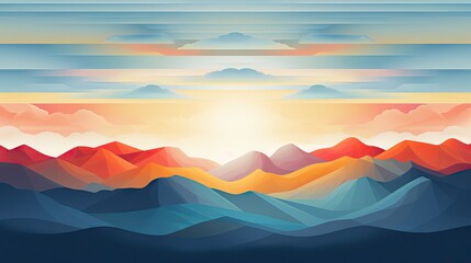  a painting of a mountain range with the sun in the distance and clouds in the sky over the top of the mountains.  generative ai