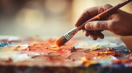 a woman holding a paint brush near some paint on the edge of a painting table - obrazy, fototapety, plakaty