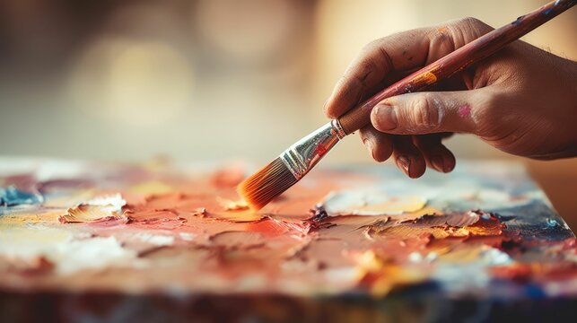 a woman holding a paint brush near some paint on the edge of a painting table