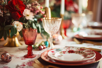 Festive dining table set for Christmas dinner. Holiday decorations, wine glasses and tableware. Generative AI