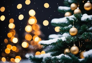 gold christmas lights and snow covered branches with balls on them