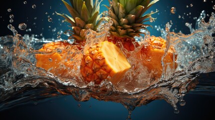  a couple of pineapples floating on top of a body of water with a splash of water around them.  generative ai
