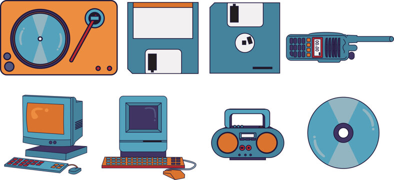 Set of old device disket, radio, handy talkie, computer, pc, phonograph
