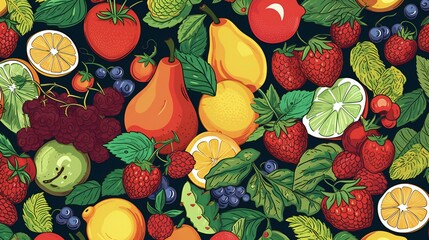 a colorful fruit pattern with many different fruits - obrazy, fototapety, plakaty