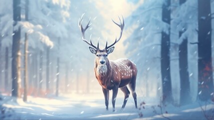 Winter Deer: Majestic Noble Cervid in a Magical Winter Snow Forest - Wildlife Artistic Winter Christmas Landscape