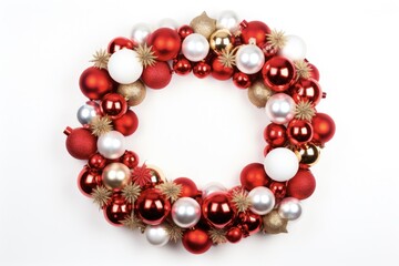 Top View Festive Christmas Wreath with Baubles on White Background: Red Chaplet for a Merry Holiday