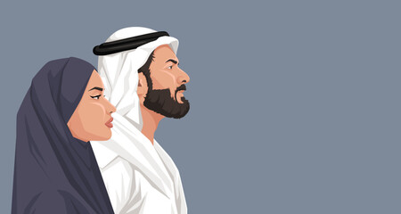 Arabian man and woman side portrait, traditional muslim female and male character. Saudi national wear. Islamic young family. Beard and mustache. Lovely couple. Vector illustration