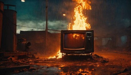 television, tv, fire, flame, abandoned, ruined, ruins, wasteland, apocalyptic, city, old, burn, burning, burned, war, devastation, devastated, devastate, destruction, destruct, fog, fireplace, hearth