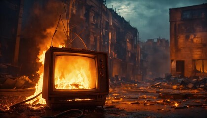 television, tv, fire, flame, abandoned, ruined, ruins, wasteland, apocalyptic, city, old, burn, burning, burned, war, devastation, devastated, devastate, destruction, destruct, fog, fireplace, hearth