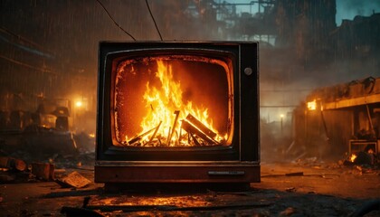 television, tv, fire, flame, abandoned, ruined, ruins, wasteland, apocalyptic, city, old, burn, burning, burned, war, devastation, devastated, devastate, destruction, destruct, fog, fireplace, hearth