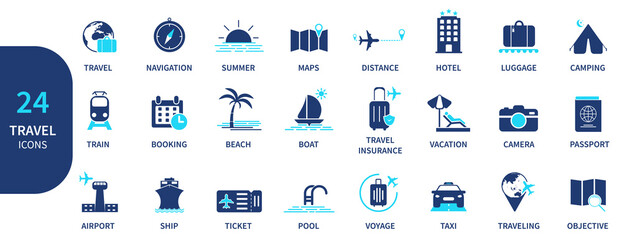 Travel icon set. Collection of global tourist and travel symbols. Solid icon element. - obrazy, fototapety, plakaty