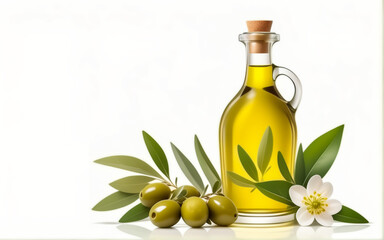 Olives with leaves and flowers. Olive oil in a bottle  White background. AI	
