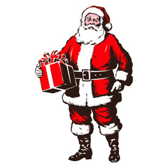 Santa Claus holding a gift. Happy Santa with the present box. Christmas gift from Santa Claus. Retro Vintage Santa Claus clipart. Transparent PNG. Vector illustration isolated on white