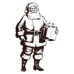 Santa Claus holding a gift. Happy Santa with the present box. Christmas gift from Santa Claus. Retro Vintage Santa Claus clipart. Transparent PNG. Vector illustration isolated on white