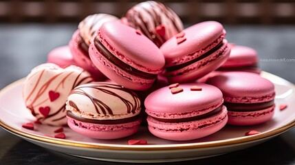 Obraz na płótnie Canvas a plate full of pink macaroons with chocolate frosting and sprinkles in the shape of hearts. generative ai